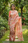 Falak Saree - Cream Orange Green Floral | Hiya Vastram