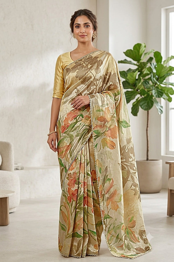 Falak Saree - Cream Orange Green Floral | Hiya Vastram
